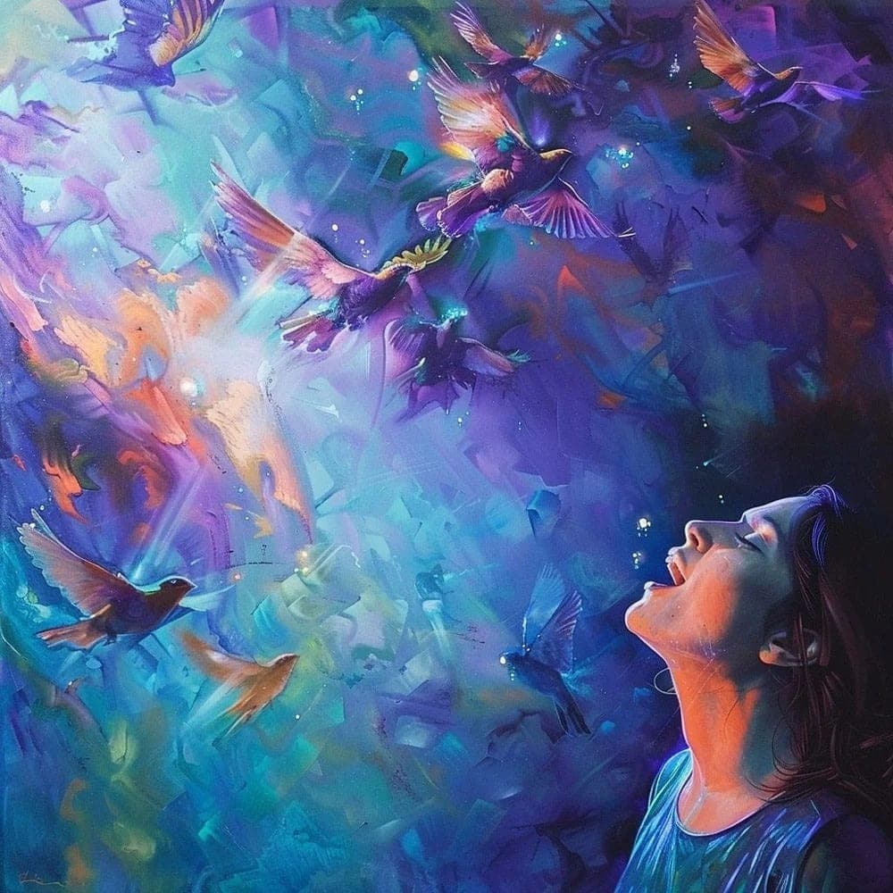 Ethereal painting of a woman with her face upturned amid a flock of luminous birds