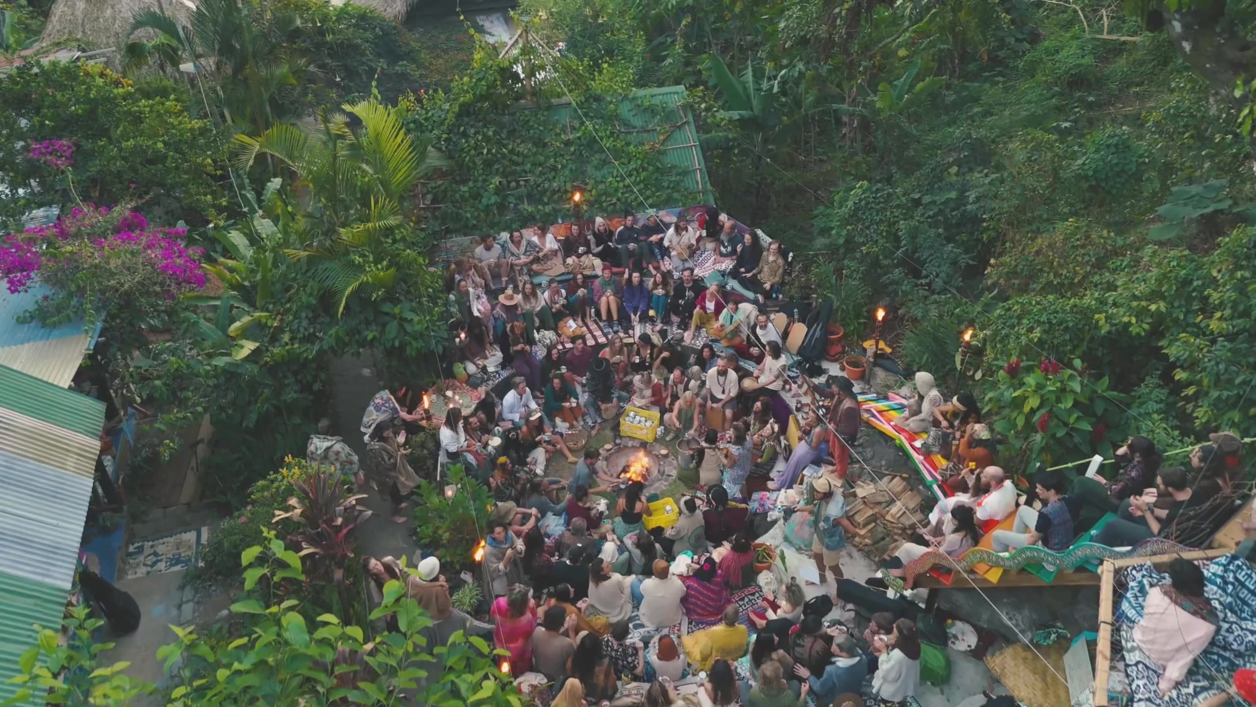 Aerial view of a HeartSong fire circle gathering at Mystical Yoga Farm